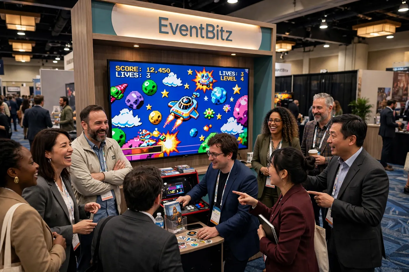 A crowd of trade show attendees gathered around an EventBitz booth, laughing and watching a colleague play a colorful arcade game on a large screen