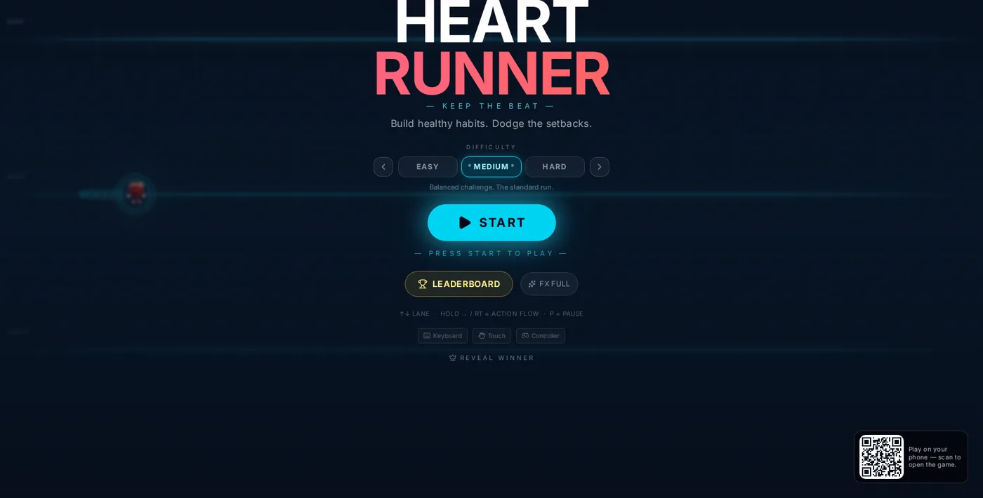 Home screen of the heart health runner game: Heart Runner title, Keep the Beat tagline, difficulty selector, and a large Start button