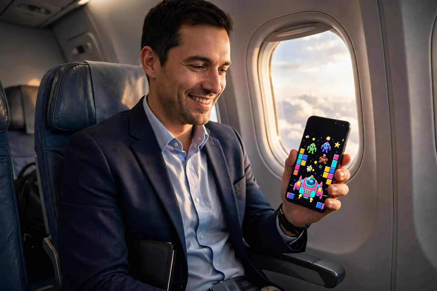 Photo of a business traveler in an airplane window seat smiling while playing a colorful arcade game on his phone