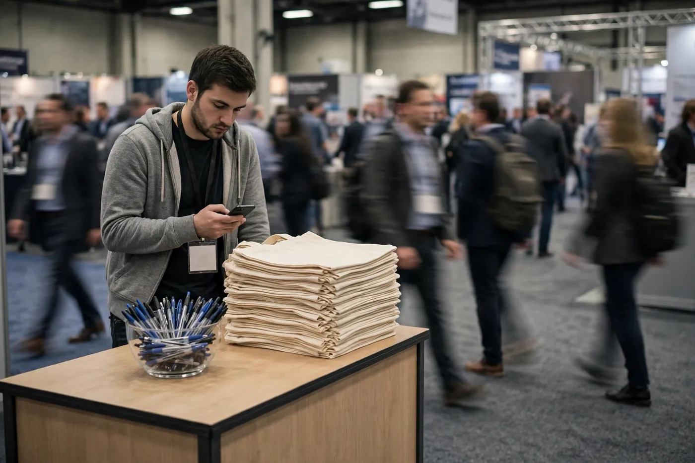 Photo of an ignored trade show swag table: a bowl of pens and a tall stack of tote bags on a counter, a bored staffer looking at his phone while blurred attendees walk straight past