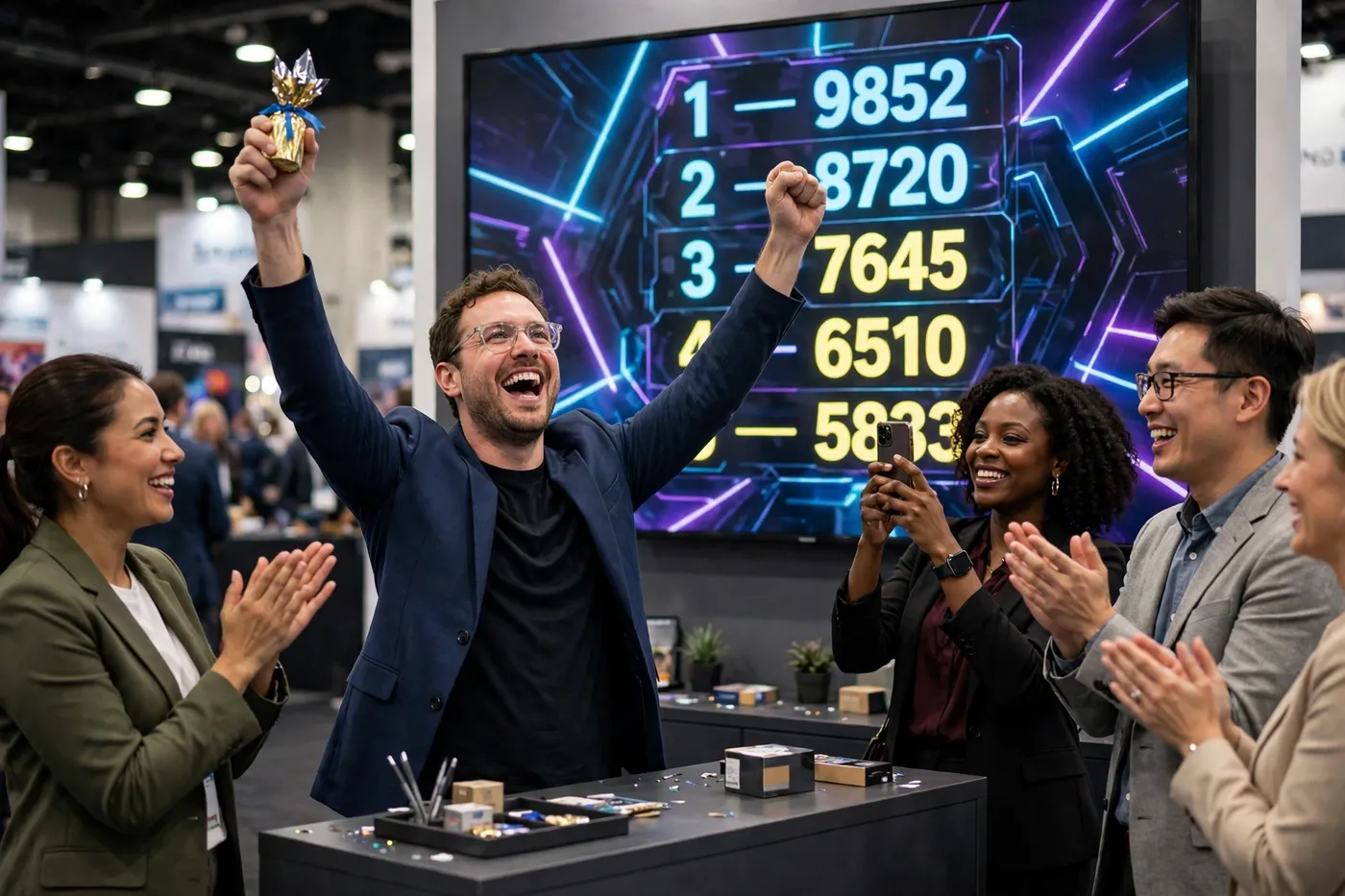 Photo of a trade show attendee celebrating with both arms raised, holding a small prize in front of a large game leaderboard screen, while colleagues applaud and take photos