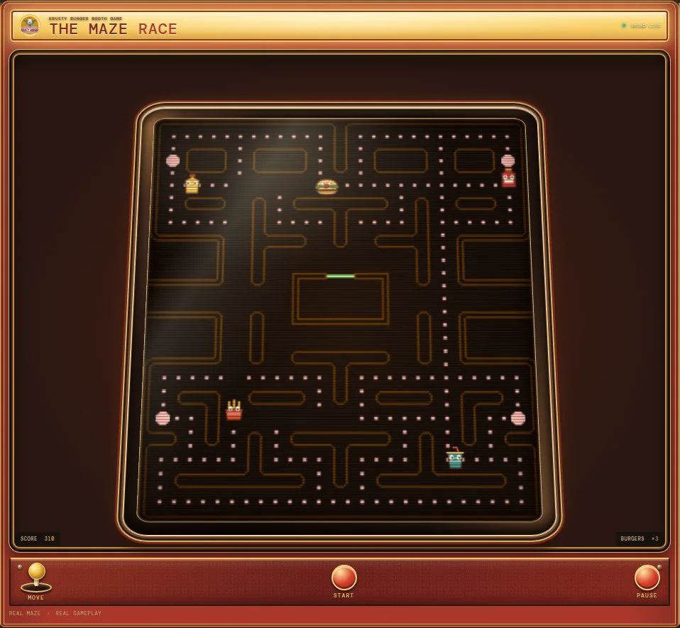 Maze Chase gameplay showing a dot-filled maze and moving food-themed obstacles