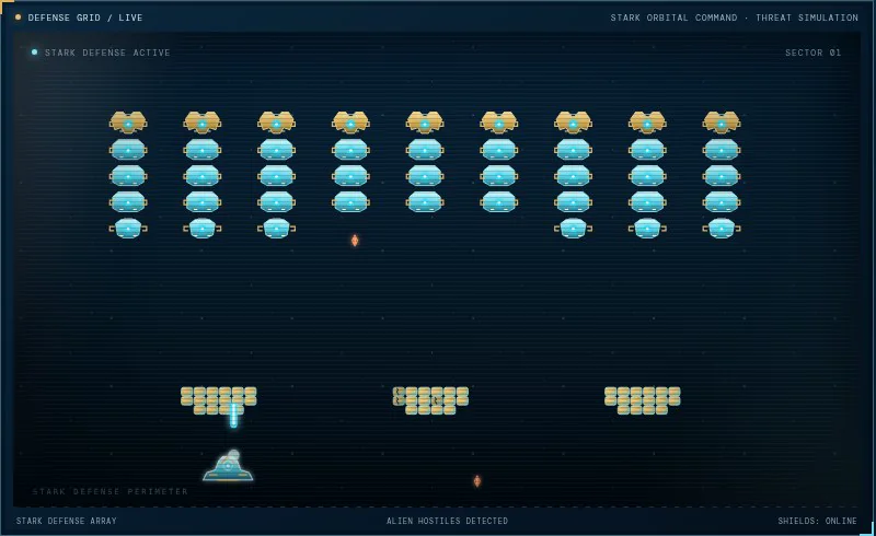 Space Defense gameplay with moving enemies, a defense craft and a laser shot
