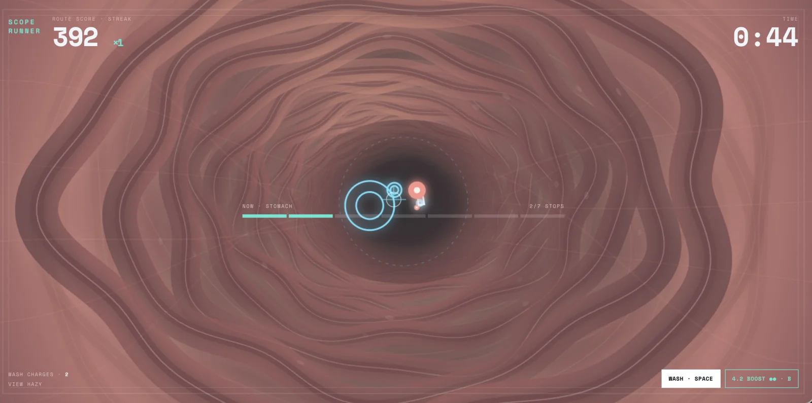 Scope Code abstract route-game screen with luminous targets and a timer