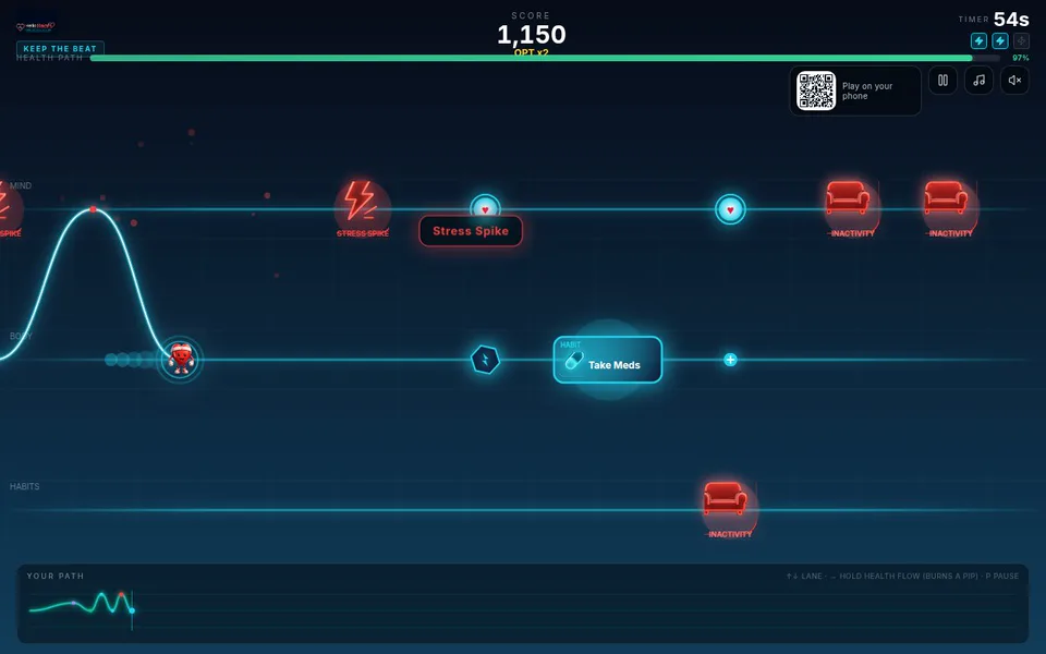 Heart Runner showing healthy habit pickups, a heart meter and setback obstacles across three lanes