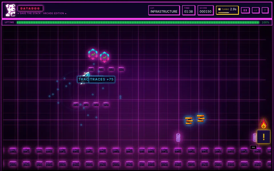 Save the Stack platform game showing monitoring signals and uptime
