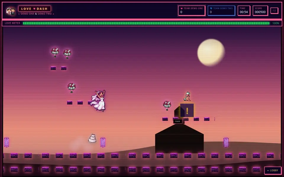 Wedding Dash side-scrolling game with a bride character, collectible wedding items and team labels