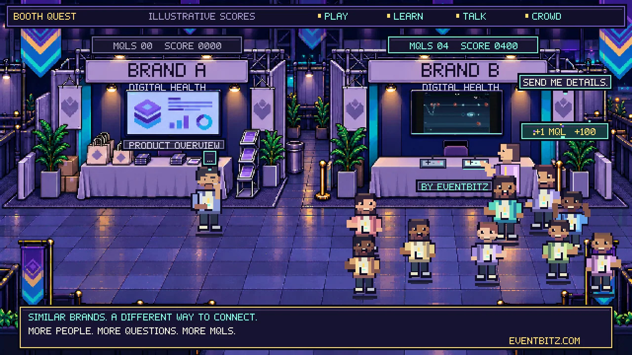 Pixel-art booth concept showing visitors play, learn and talk, with illustrative scores